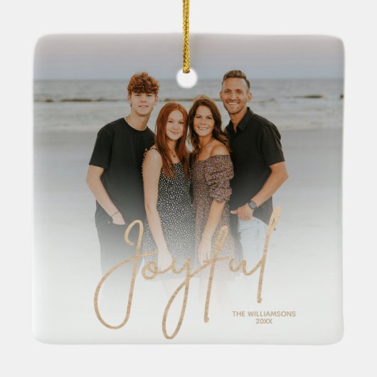 Elegant Gold JOYFUL Script Photo Christmas Keramisch Ornament (Achterkant)