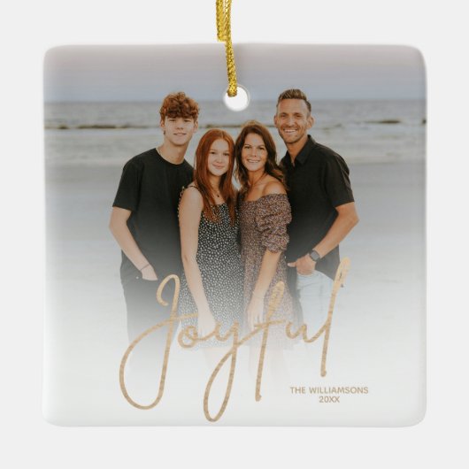 Elegant Gold JOYFUL Script Photo Christmas Keramisch Ornament (Voorkant)