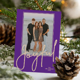 Elegant Gold JOYFUL Script Purple Photo Christmas Feestdagenkaart