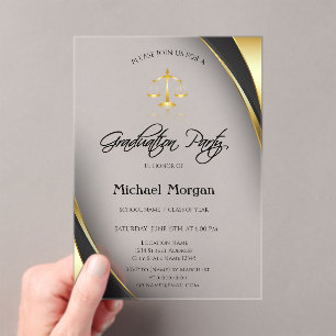 Elegant Gold Justice Scale Border Grey Afstuderen Acryl Uitnodigingen