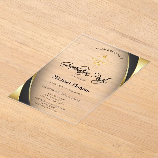 Elegant Gold Justice Scale Border Grey Afstuderen Acryl Uitnodigingen (Laagn)