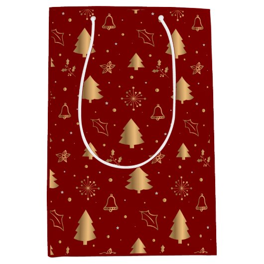 Elegant Gold-kerstbomen en cellen op rood Medium Cadeauzakje (Voorkant)