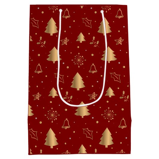 Elegant Gold-kerstbomen en cellen op rood Medium Cadeauzakje (Achterkant)