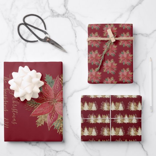 Elegant Gold kerstbomen Red Poinsettia Floral Inpakpapier Vel (Voorkant)