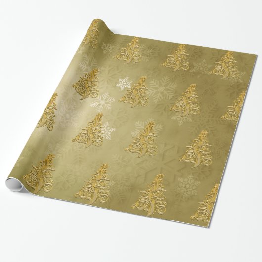Elegant Gold-kerstboom en Snowflake Pattern Cadeaupapier (Uitgerold)