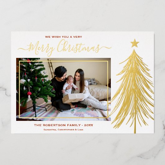 Elegant Gold kerstboom Moderne foto Folie Feestdagenkaart (Voorkant)