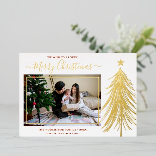 Elegant Gold kerstboom Moderne foto Folie Feestdagenkaart (Staand Voorkant)