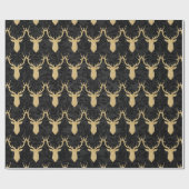 Elegant Gold-kerstrenrendiertje op zwarte Damask Cadeaupapier (Vlak)