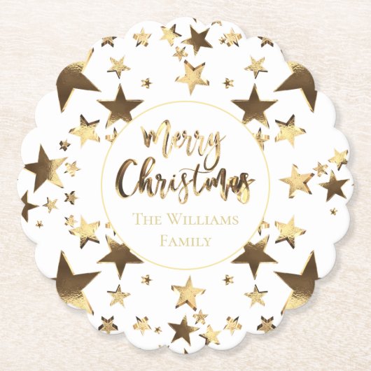 Elegant Gold Kijk Stars Pattern Merry Kerstmis Kartonnen Onderzetters (Voorkant)