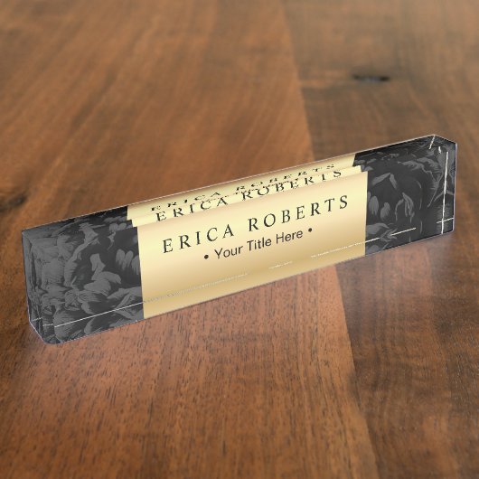 Elegant Gold Label Classy Black Floral Naambordje (Zijkant)