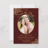 Elegant Gold Lace en Foto Auburn Brown Wedding Save The Date (Voorkant)