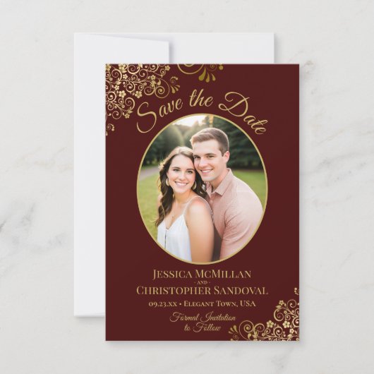 Elegant Gold Lace en Foto Auburn Brown Wedding Save The Date (Voorkant)