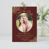 Elegant Gold Lace en Foto Auburn Brown Wedding Save The Date (Staand voorkant)