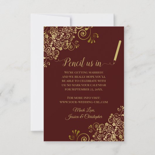 Elegant Gold Lace en Foto Auburn Brown Wedding Save The Date (Achterkant)