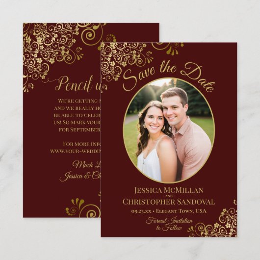 Elegant Gold Lace en Foto Auburn Brown Wedding Save The Date (Voorkant / Achterkant)