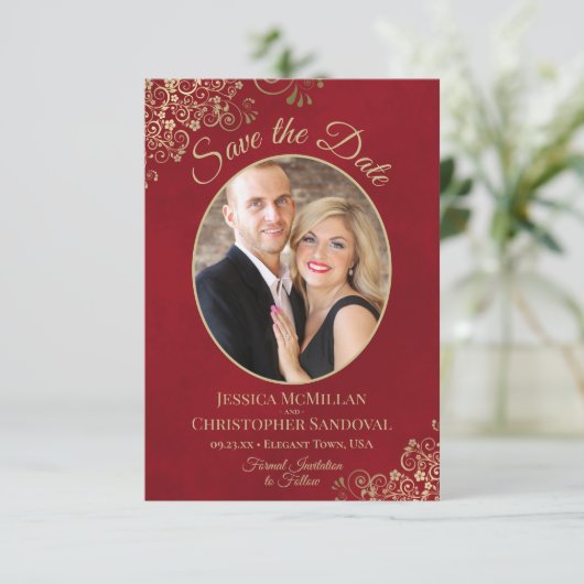Elegant Gold Lace en Oval Foto van het gemarmerde  Save The Date (Staand voorkant)