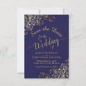 Elegant Gold Lace Filigree op het marinesblauwe hu Save The Date (Voorkant)