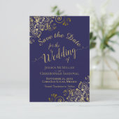 Elegant Gold Lace Filigree op het marinesblauwe hu Save The Date (Staand voorkant)