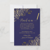 Elegant Gold Lace Filigree op het marinesblauwe hu Save The Date (Achterkant)