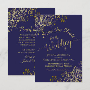 Elegant Gold Lace Filigree op het marinesblauwe hu Save The Date