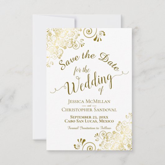 Elegant Gold Lace Filigree op White Wedding Save The Date (Voorkant)