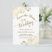 Elegant Gold Lace Filigree op White Wedding Save The Date (Staand voorkant)