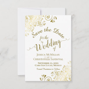Elegant Gold Lace Filigree op White Wedding Save The Date