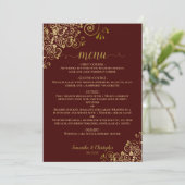 Elegant Gold Lace Frills Auburn Brown Wedding Menu (Staand voorkant)