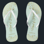 Elegant Gold Lace Maid of Honor Mint Green Wedding Teenslippers<br><div class="desc">Deze mooie bruiloft teenslippers zijn een geweldige manier om je meid van eer te bedanken en te herkennen en tegelijkertijd haar voeten te redden. Biedt een elegant ontwerp met gouden palen op een bleke neomuntgroene achtergrond en fancy gouden letters voor script. De test leest Maid of Honor met haar naam...</div>