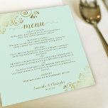 Elegant Gold Lace Mint Green Budget Weduwmenu<br><div class="desc">Deze mooie trouwmenu's zijn eenvoudig,  elegant en stijlvol,  maar zijn nog steeds budgetvriendelijk en betaalbaar. Ze hebben een stijlvol en glamoureus ontwerp met een gouden faux foliekant en scriptkalligrafie op een bleke neo-mint groene achtergrond. De achterkant is een prachtige gemarmerde goudkleur.</div>