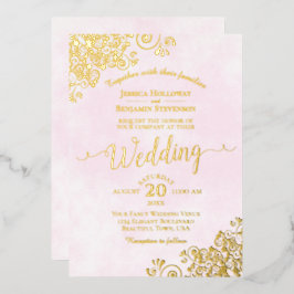 Elegant Gold Lace op Bleek roze Fancy bruiloft Folie Uitnodiging