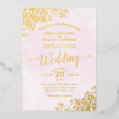 Elegant Gold Lace op Bleek roze Fancy bruiloft Folie Uitnodiging (Voorkant)