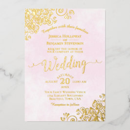 Elegant Gold Lace op Bleek roze Fancy bruiloft Folie Uitnodiging
