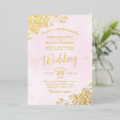 Elegant Gold Lace op Bleek roze Fancy bruiloft Folie Uitnodiging (Staand Voorkant)