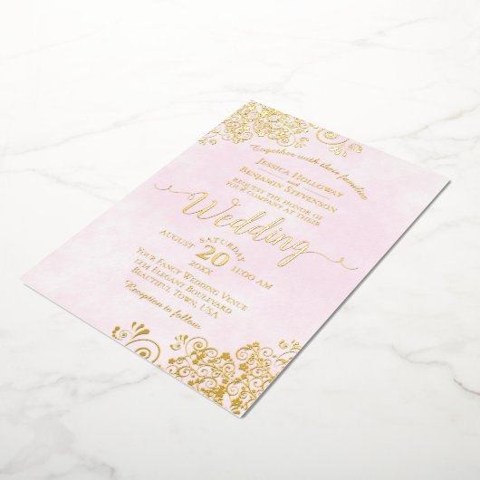 Elegant Gold Lace op Bleek roze Fancy bruiloft Folie Uitnodiging (Gedraaid)