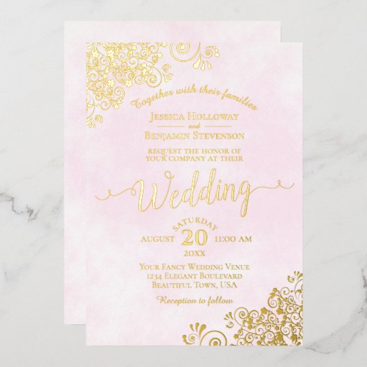 Elegant Gold Lace op Bleek roze Fancy bruiloft Folie Uitnodiging (Voorkant / Achterkant)