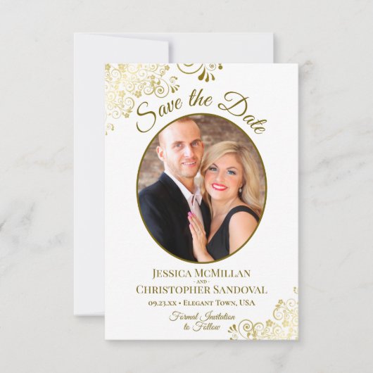 Elegant Gold Lace Oval Foto Classic White Wedding Save The Date (Voorkant)