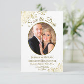Elegant Gold Lace Oval Foto Classic White Wedding Save The Date (Staand voorkant)