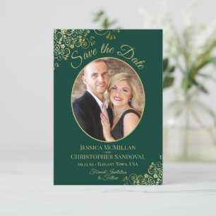 Elegant Gold Lace Oval Foto Emerald Green Wedding Save The Date