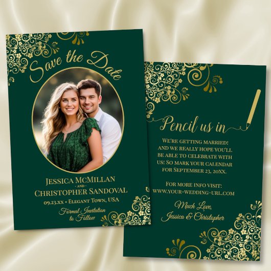 Elegant Gold Lace Oval Foto Emerald Green Wedding Save The Date