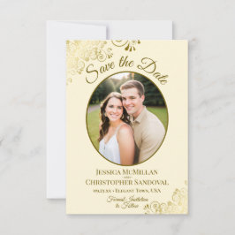 Elegant Gold Lace Oval Foto Ivory Cream Wedding Save The Date