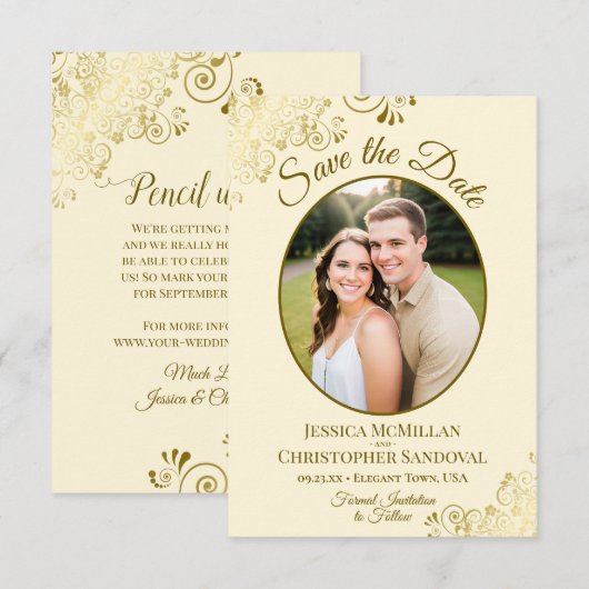 Elegant Gold Lace Oval Foto Ivory Cream Wedding Save The Date (Voorkant / Achterkant)
