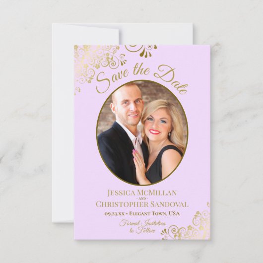 Elegant Gold Lace Oval Foto Lila Paars Weddenschap Save The Date (Voorkant)