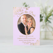 Elegant Gold Lace Oval Foto Lila Paars Weddenschap Save The Date (Staand voorkant)