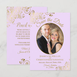 Elegant Gold Lace Oval Foto Lila Paars Weddenschap Save The Date