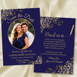 Elegant Gold Lace & Oval Photo Navy Blue Wedding Save The Date