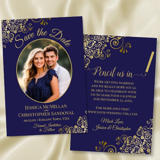 Elegant Gold Lace & Oval Photo Navy Blue Wedding Save The Date