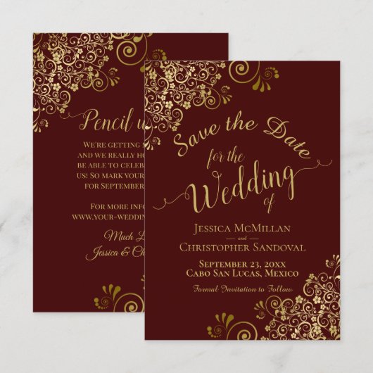 Elegant Gold Lace over Auburn bruin bruiloft Save The Date (Voorkant / Achterkant)