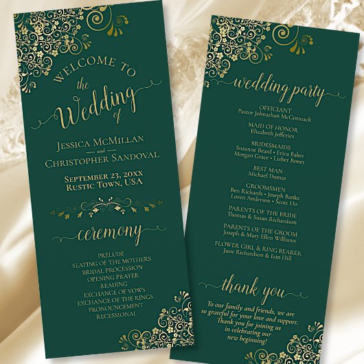 Elegant Gold Lace over Emerald Green Wedding Programmakaart