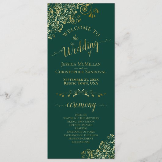 Elegant Gold Lace over Emerald Green Wedding Programmakaart (Voorkant)